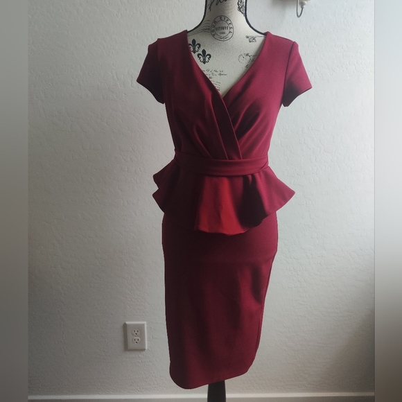 🆕 City Goddess Red Burgundy peplum Ruffle plunge sexy midi dress Office Work_6 - Picture 2 of 6